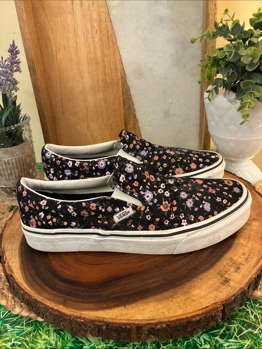 Vans Black Slip-On Sneakers with Pink & Lavender Floral Pattern - Picture 6 of 11
